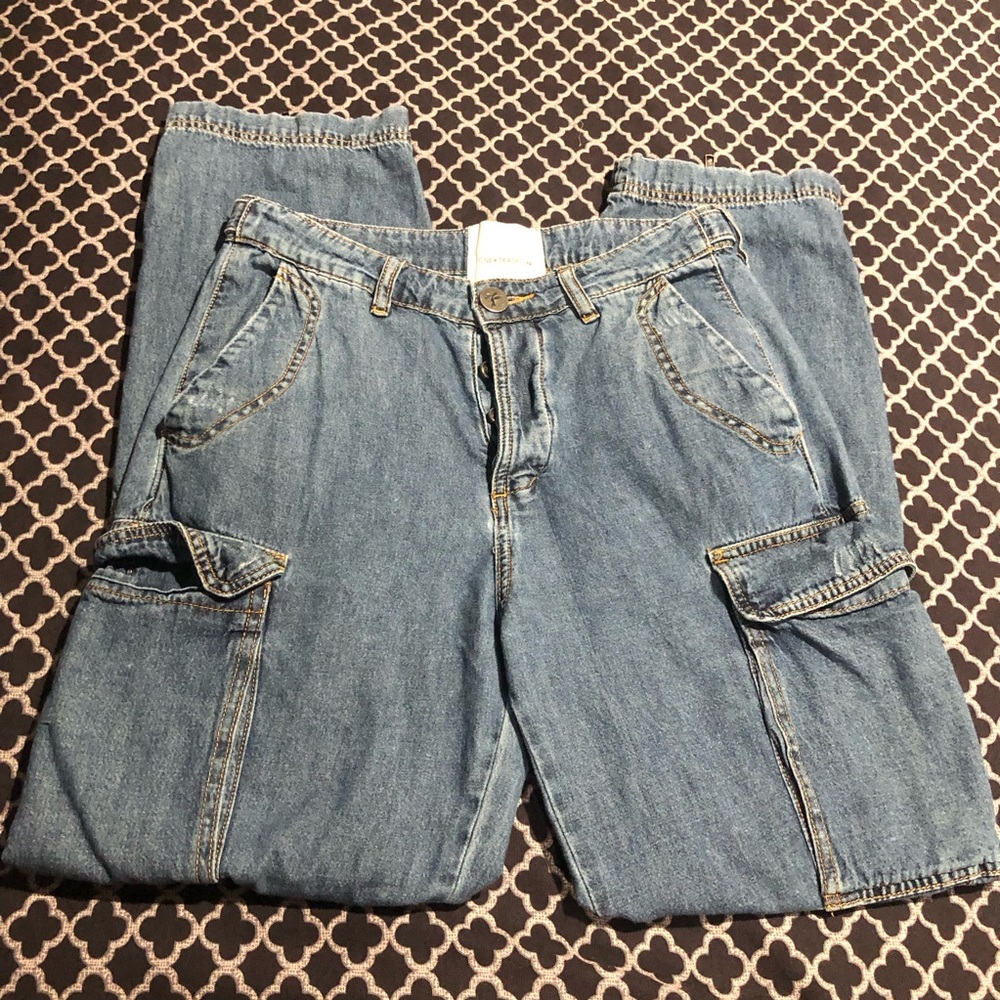 One Teaspoon Womens Denim Zipper Front Blue Jeans Sz 27 Button Fly Cargo Pockets